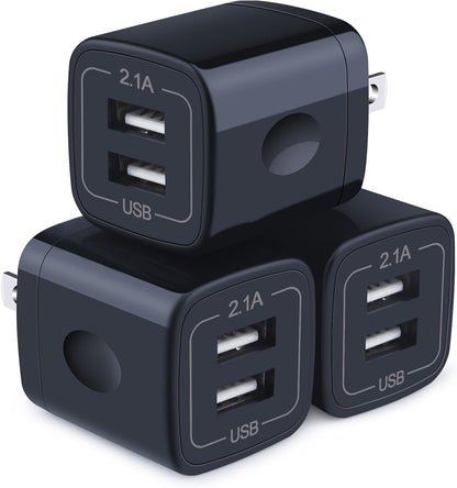 3-Pack Fast Charge Wall Charger Cube - Dual Port 2.1A Power Brick for iPhone 17/16/15/14/13/12/11/Xr/8/7/6 Plus & Samsung Galaxy S24/S23/S22/S21/S10