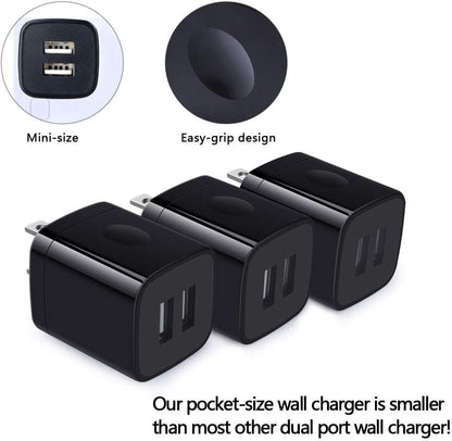 3-Pack Fast Charge Wall Charger Cube - Dual Port 2.1A Power Brick for iPhone 17/16/15/14/13/12/11/Xr/8/7/6 Plus & Samsung Galaxy S24/S23/S22/S21/S10