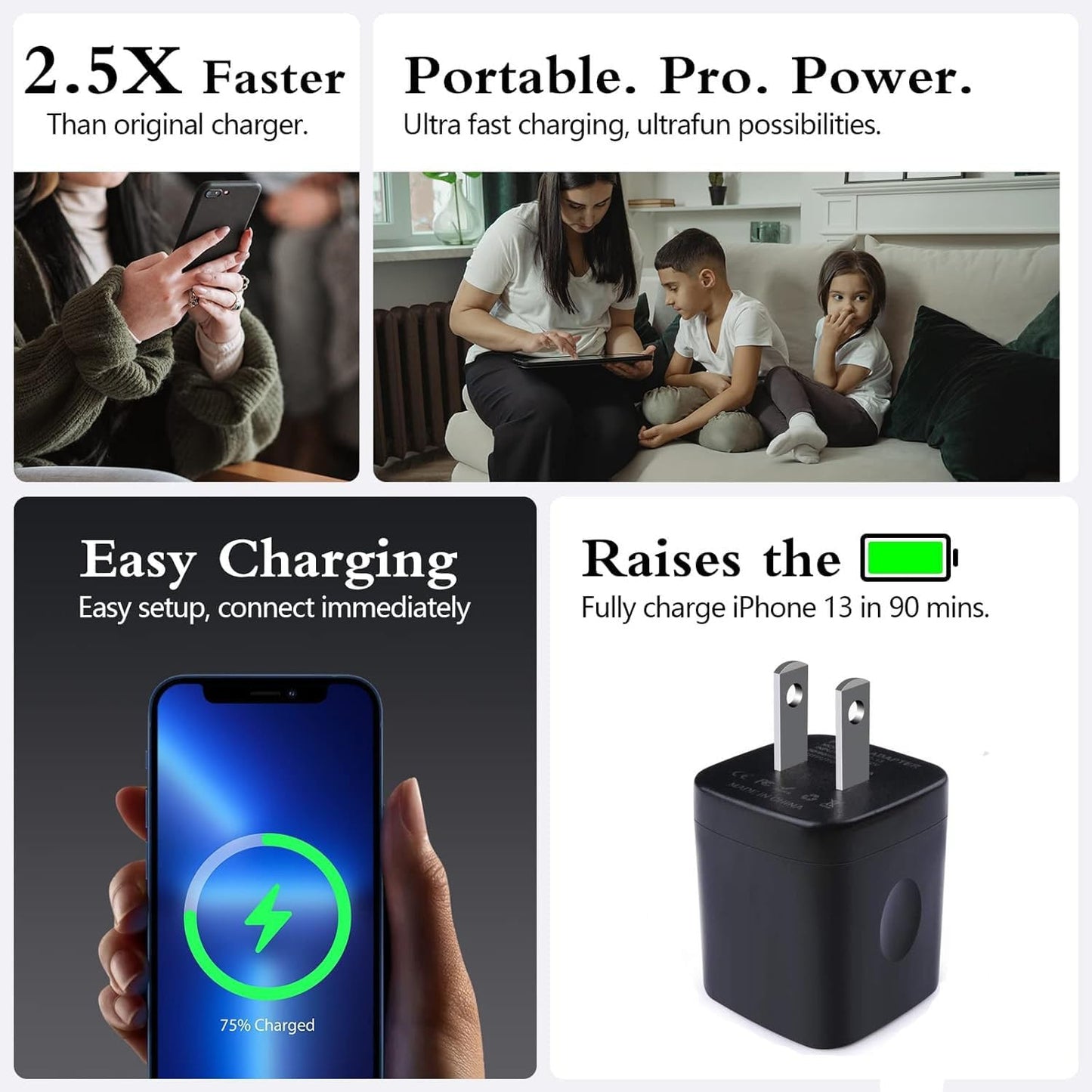 3-Pack Fast Charge Wall Charger Cube - Dual Port 2.1A Power Brick for iPhone 17/16/15/14/13/12/11/Xr/8/7/6 Plus & Samsung Galaxy S24/S23/S22/S21/S10